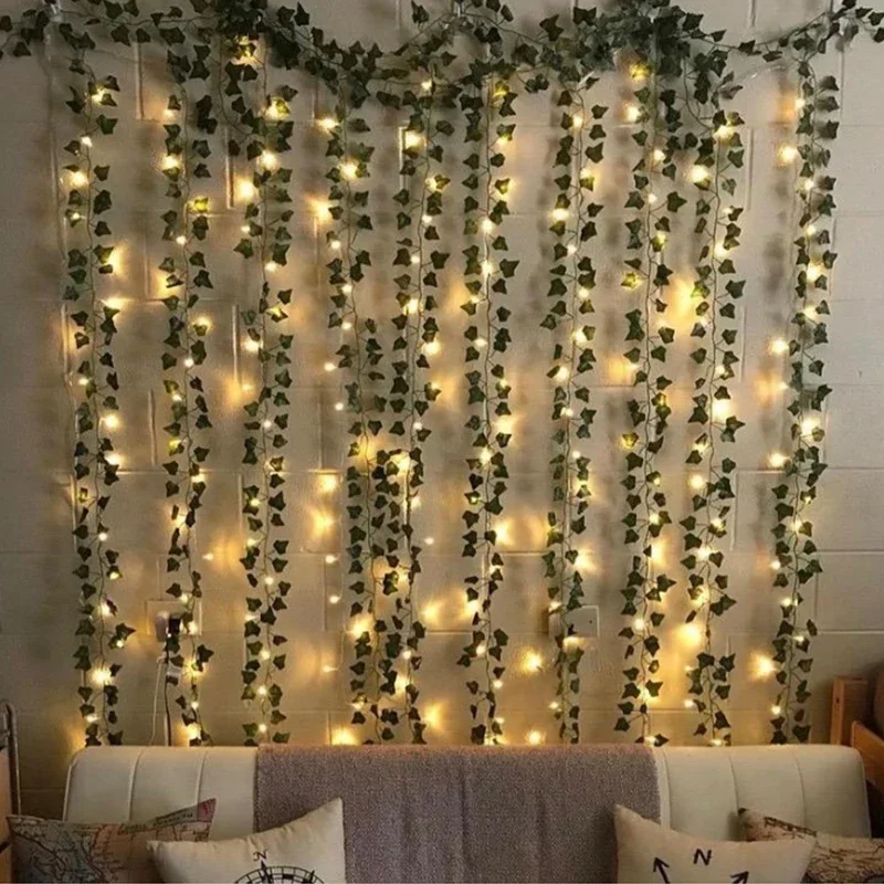 Luzes LED Vine String para decoração de casa, a pilhas, piscando guirlanda, folha de hera, 2m, 3AA, casamento, Natal, 2m