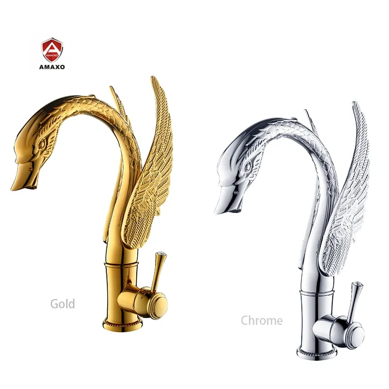 Hotel Bathroom Gold Single Handle Deck Mounted Swan Tap Hot Cold Mixer Basin Faucet