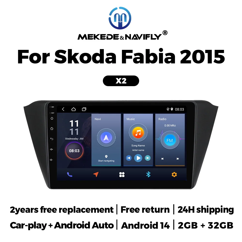 New 2025 Android 14.0 Stereo Car Radio For Skoda Fabia 2015 GPS Navigation WIFI Carplay Auto Multimedia Player