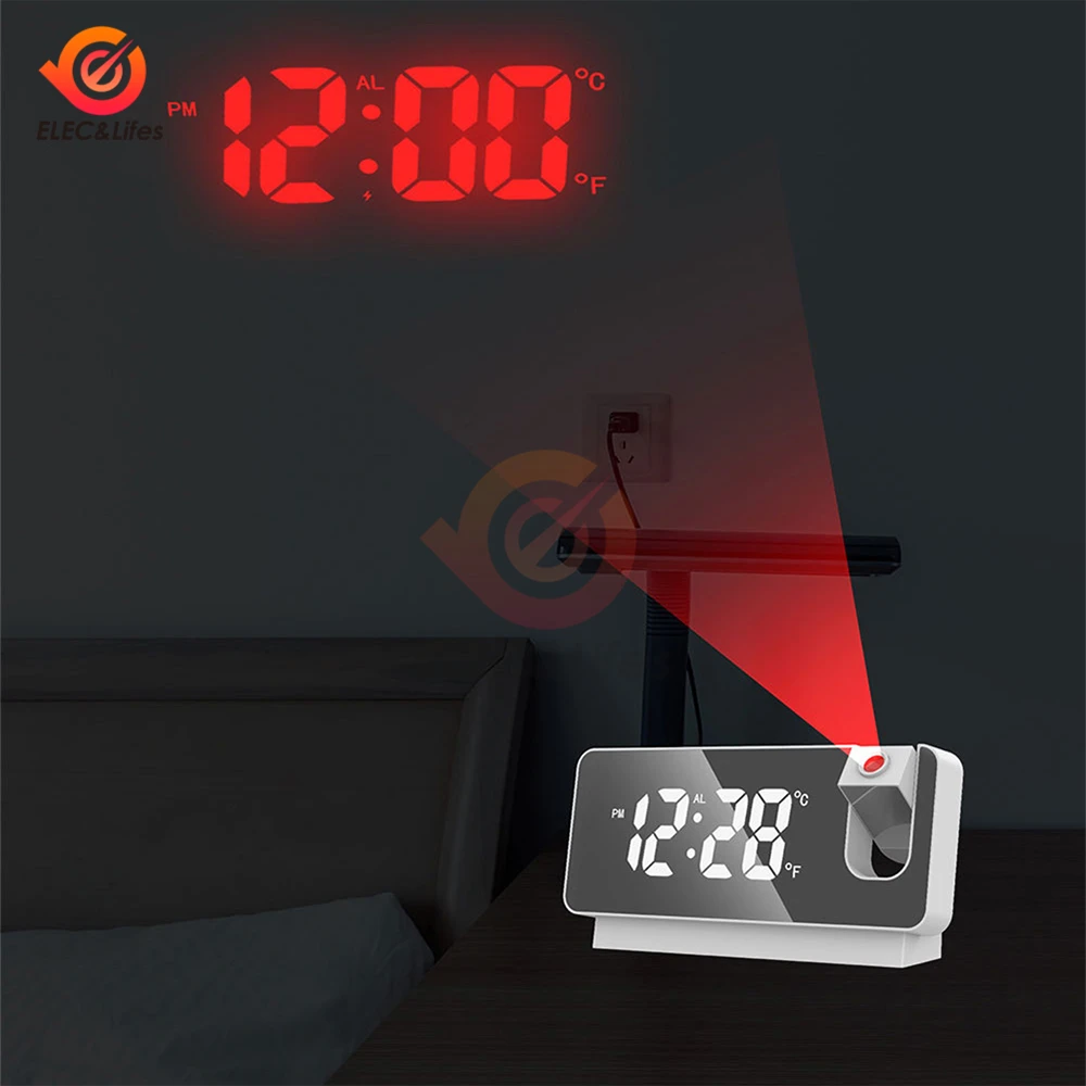 LED Digital Projeção Despertador, Mute Relógio Eletrônico, Projetor de teto, Quarto, cabeceira, Desktop, Rotação 180 °