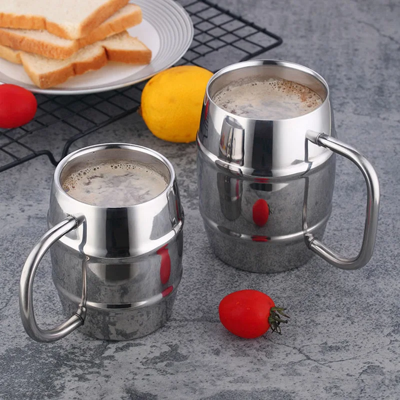 

Double Layer Steel Beer Cup Creative 304 Stainless Steel Milk Coffee Water Drinking Cup with Handle Personalized Beverage Glass