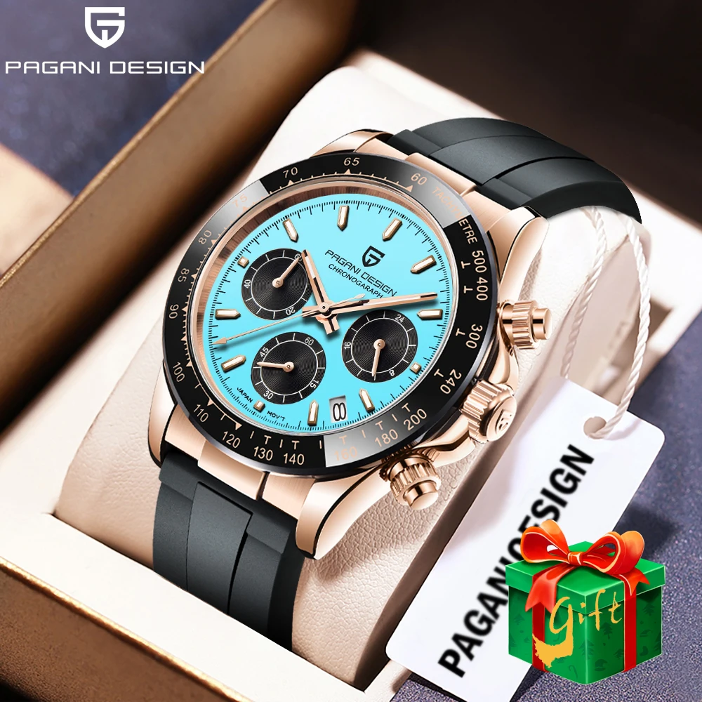 PAGANI DESIGN Reloj de cuarzo de estilo deportivo luminoso resistente al agua esfera azul de oro rosa regalo de Festival de moda reloj para hombre + caja