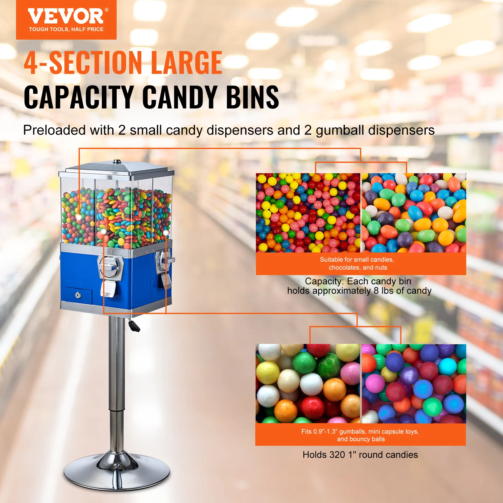 VEVOR Commercial Candy Vending Machine Four Compartment Rotatable 25 Cent Coin For Toy Capsules Bouncy Balls Nut with Stand