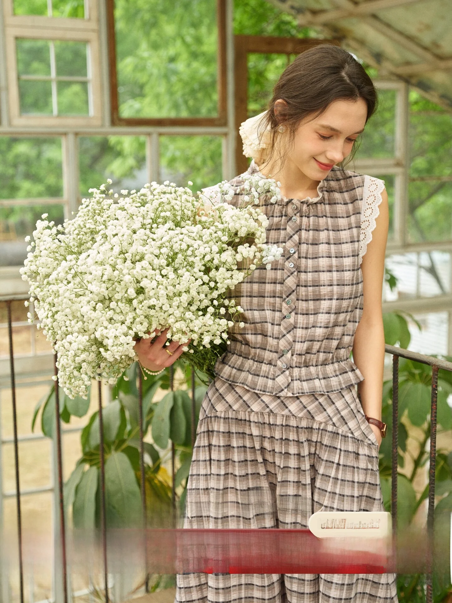 

Retro Pure Cotton Floral Lace Shirt And Skirt Set Women's Fashion Spring Outfit High Waist Plaid Design Short Sleeve Button up