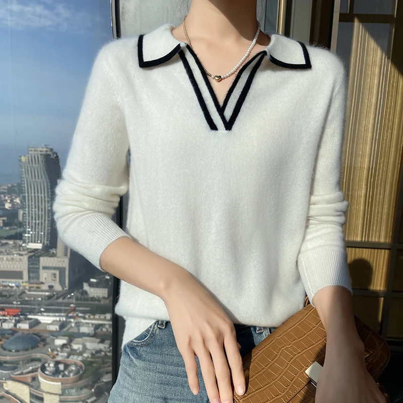 100% Cashmere Sweater Female Bai Baihe With Autumn And Winter Lapel Contrast Sweater Pullover Long Sleeve Cashmere Bottoming Top