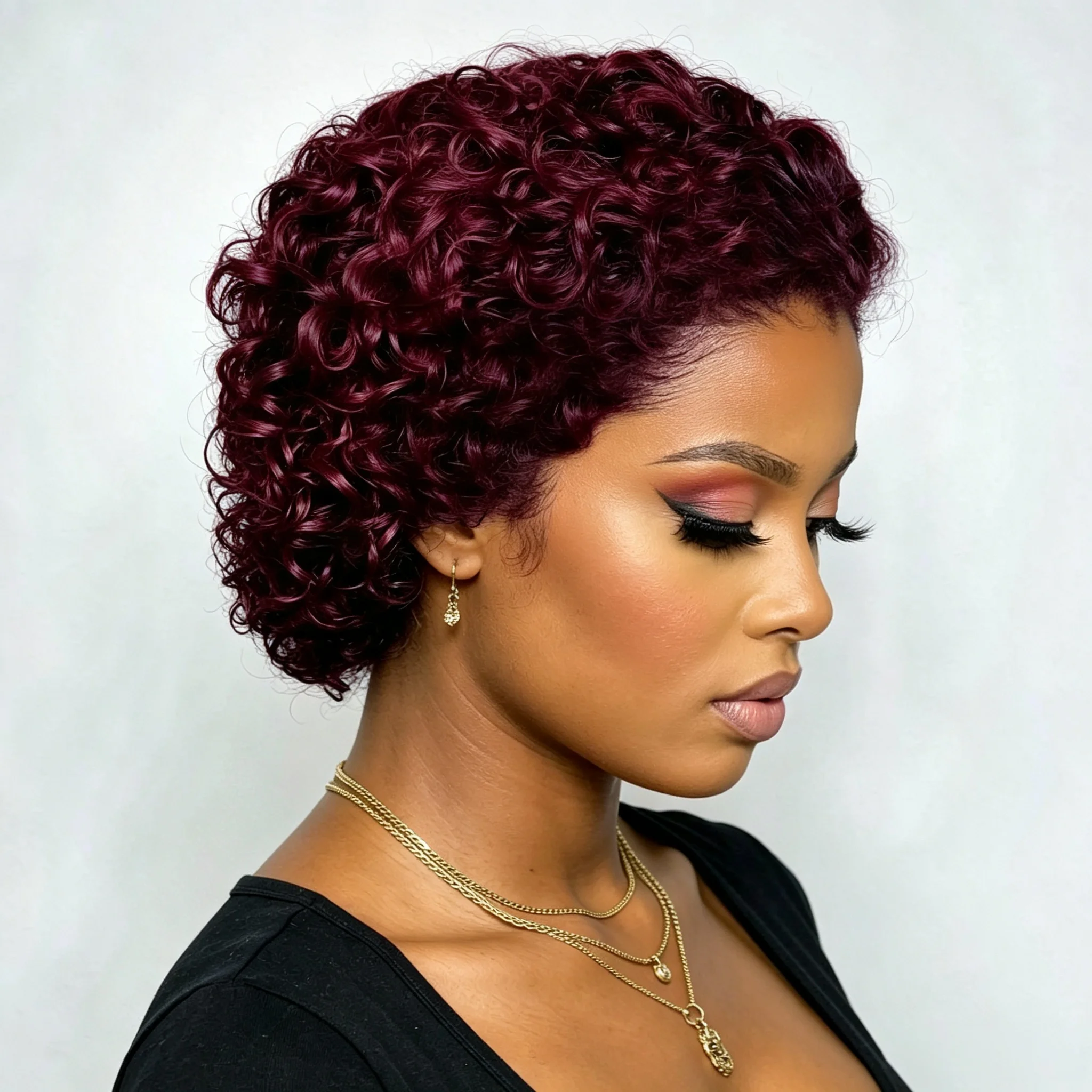 6 Inch Burgundy Short Curly Human Hair Wig 13x1 Lace Front Wig For Black Women Pre Plucked Natural Hairline Tiny Curly Pixie La