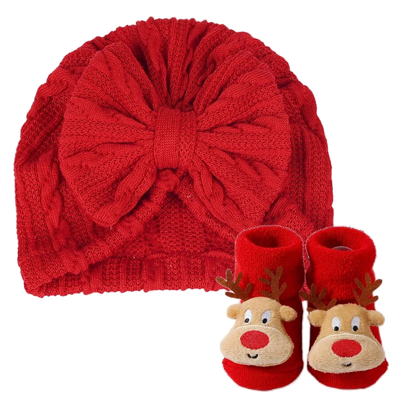 0-6M Baby Accessories for Newborn Bowknot Knitted Hat Christmas Baby Socks Set Winter Warm  Infant Bonnet Girls Boy Xmas Gift