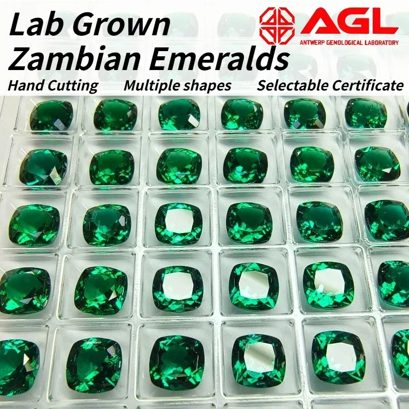 

Hand Cutting Lab Grown Zambian Emeralds Hydrothermal Multiple Shapes with Cracks Inclusions Inside Selectable AGL Certificate