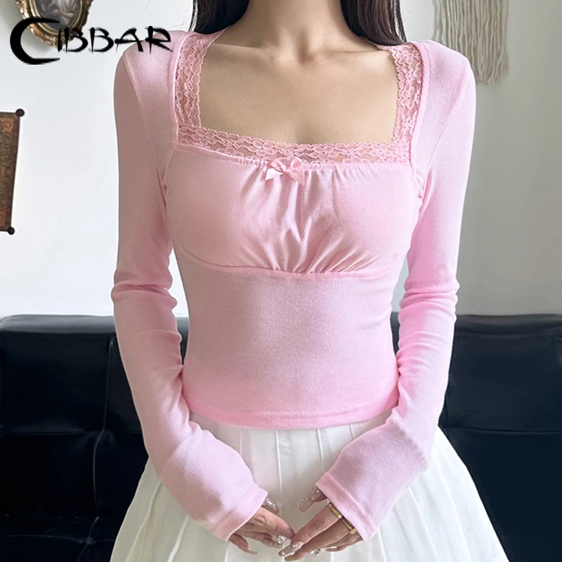 CIBBAR Kawaii Solid Pink Knit Crop Top y2k Coquette Lace Stitching Square Collar Full Sleeve Skinny T-shirt Women Casual T Shirt