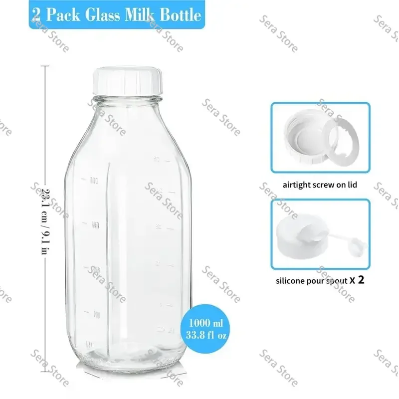 Glass for Milk Bottle 2-Pack with Airtight Heavy Duty Lid 2 Dispenser Caps, 33 Oz Water Jug for Milk Storage