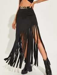 LUCYSHIHATTU Women's Fringe Bodycon Maxi Skirt High Waist Tassel Chain Black Long Skirts