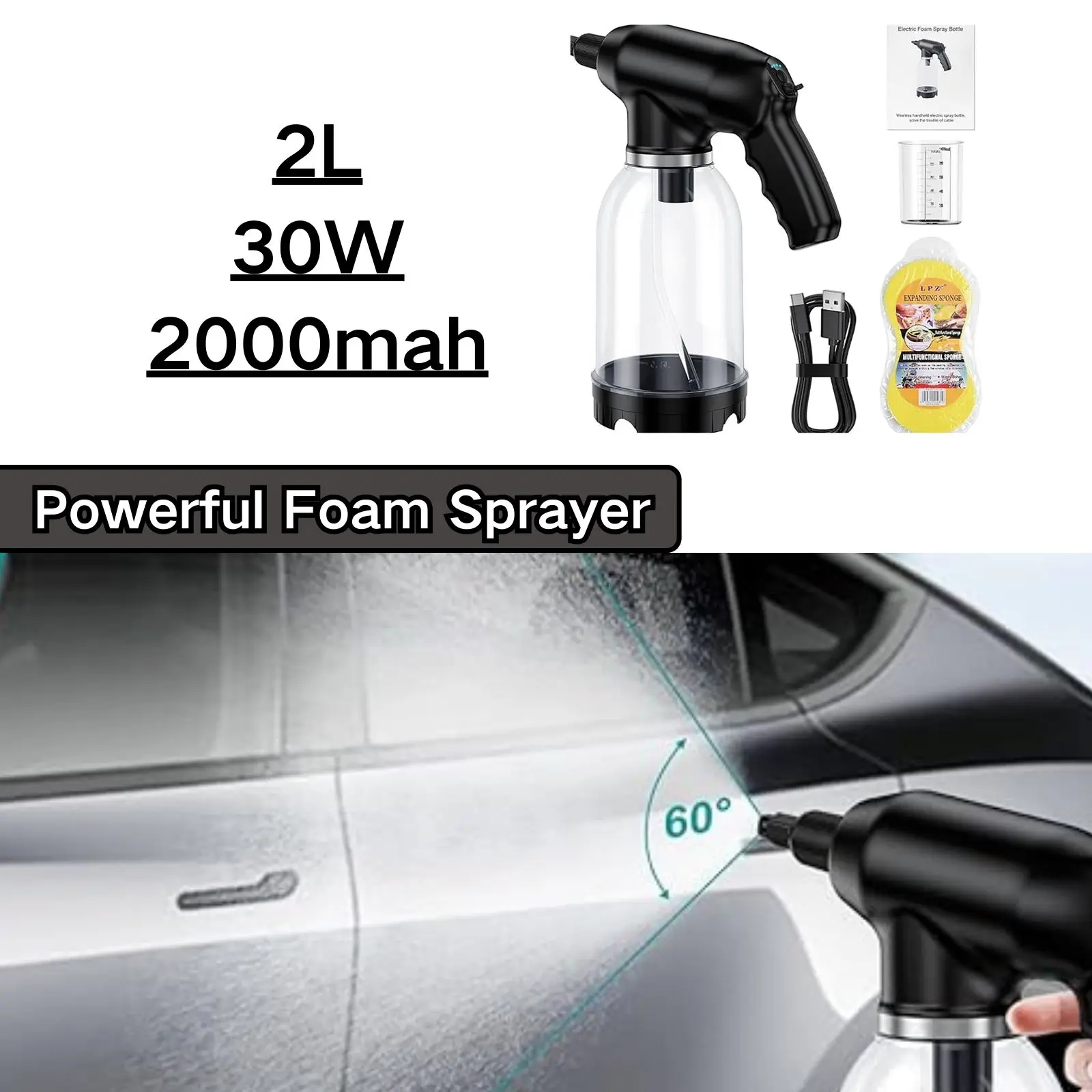 

Car 2.0L Powerful Foam Sprayer 2000mah Battery 30W With Measuring Cup Wireless Wash Foamer Car Cleaning Spraying Distance 1.5m