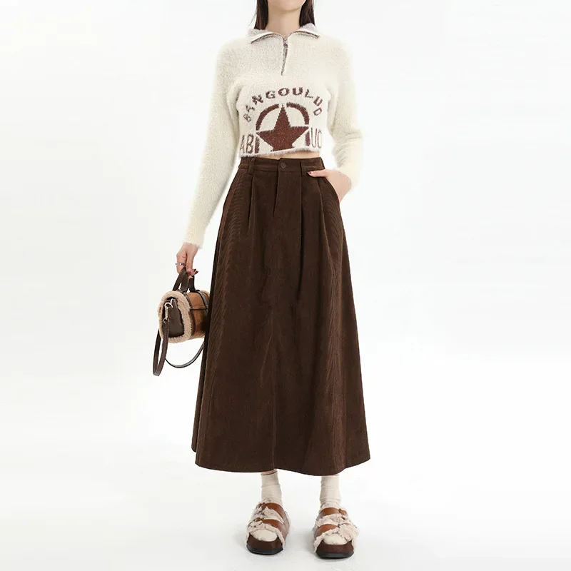 CASUMANL Brand Corduroy Womens Half Length Skirt Baggy Basics Minimalist Korean Fashion Midi Skirt Females Fashion A-line Skirt