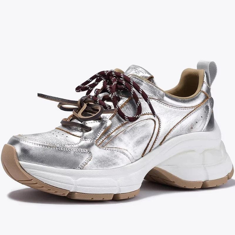 

Retro Silver Daddy Shoes Women's Genuine Leather Height-increasing Shoes Casual Sports Shoes Breathable Cowhide Chunky Sneakers