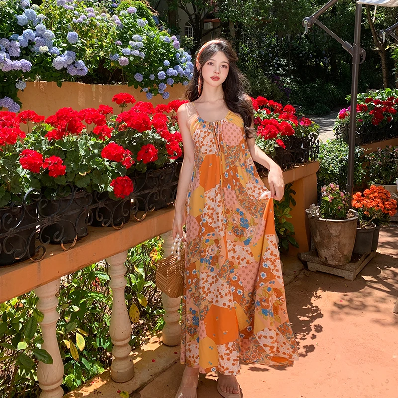 Loose Sundr Women's Summer Floral Print Gauze Svel Long Dr National Sle Patchwork St Hat Sunscreen Cardigan