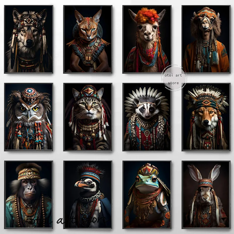 Aztec Style Animal with Colorful Feather Wolf/Camel/Dog/ Donkey/Horse Art Posters Canvas Painting Wall Prints Picture Home Decor