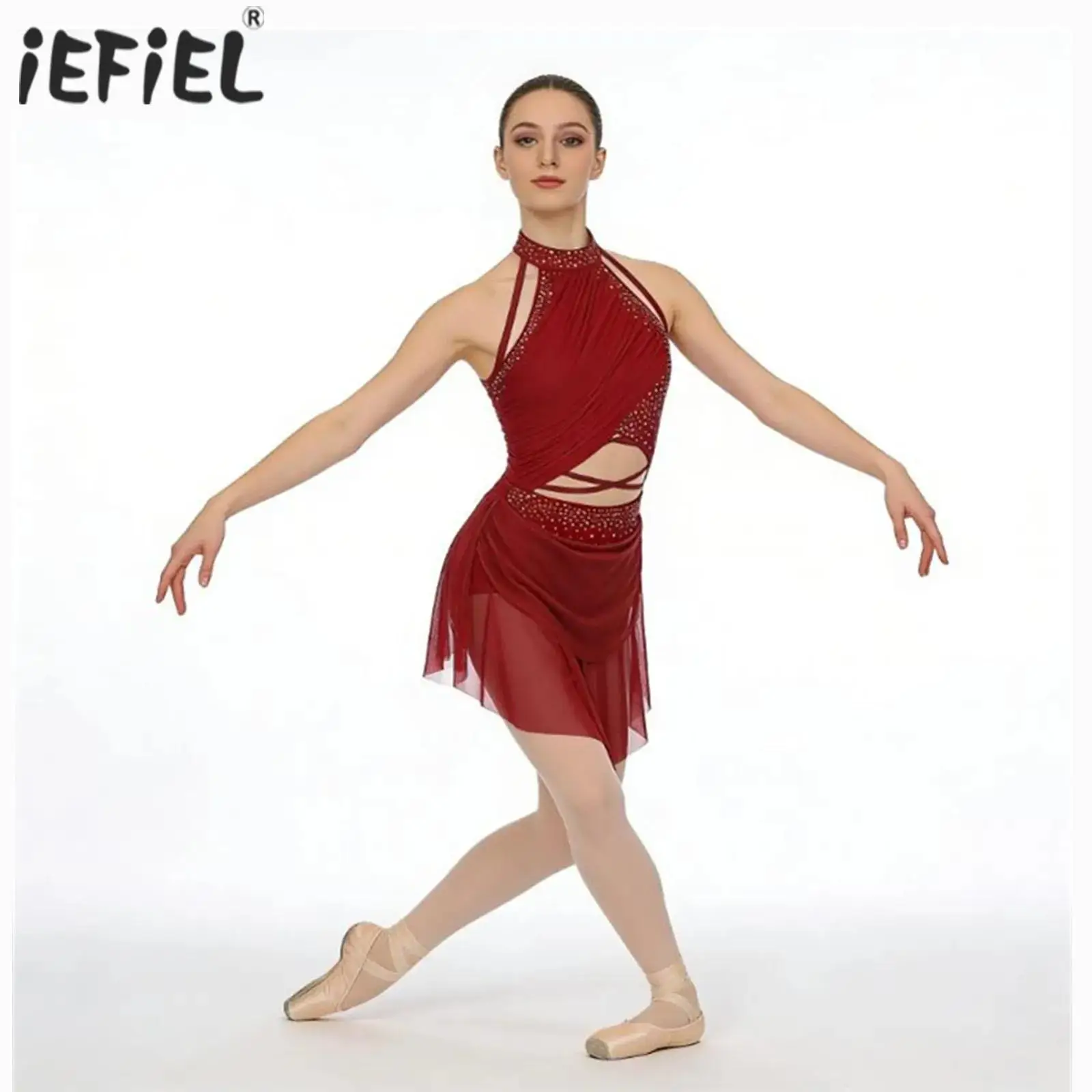

Womens Glittery Rhinestone Gymnastics Artistic Figure Skating Ballet Leotard Costume Lyrical Dance Overlay Performance Dress