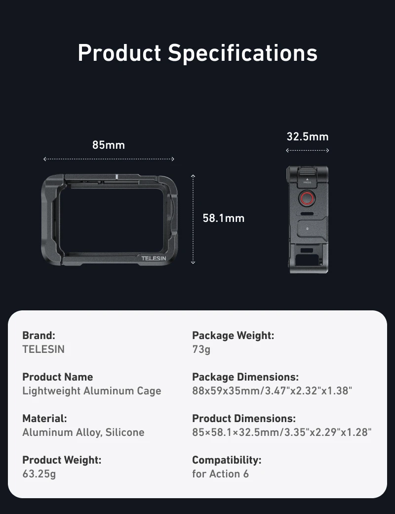 TELESIN Aluminiumlegierungsrahmen Schutzgehäuse Rabbit Cage Dual Cold Shoe Metallgehäuse für DJI OSMO Action 6 Action6 Zubehör – Detail 8