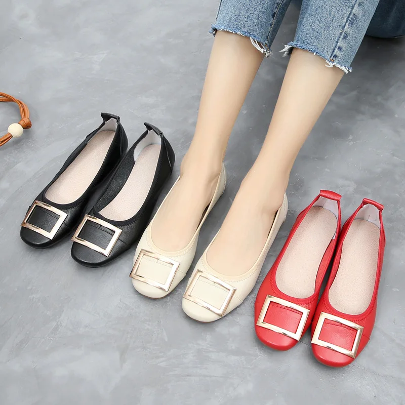 Top Layer Cow Genuine Leather Shoes Elegant Lady Shallow Mouth Soft Sole Single Shoes  Relax Lazy Casual Driving Shoes