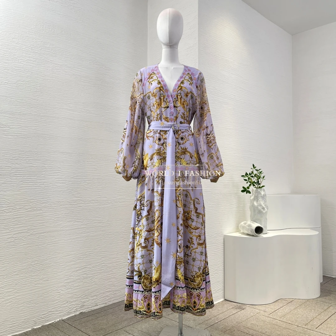 

2025 New High Quality Violet Floral Print Long Sleeve Pleat Maxi Dress 2025