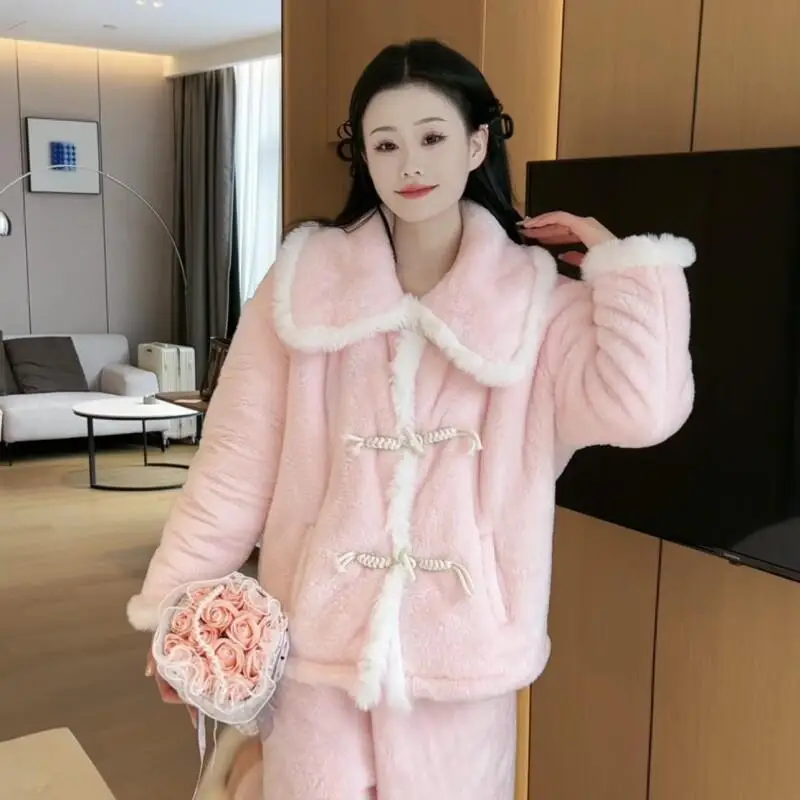 

coral fleece Women's pajamas autumn winter sweet Sleepwear minimalist homewear fleece-lined keep warm thicken Pajama temperament