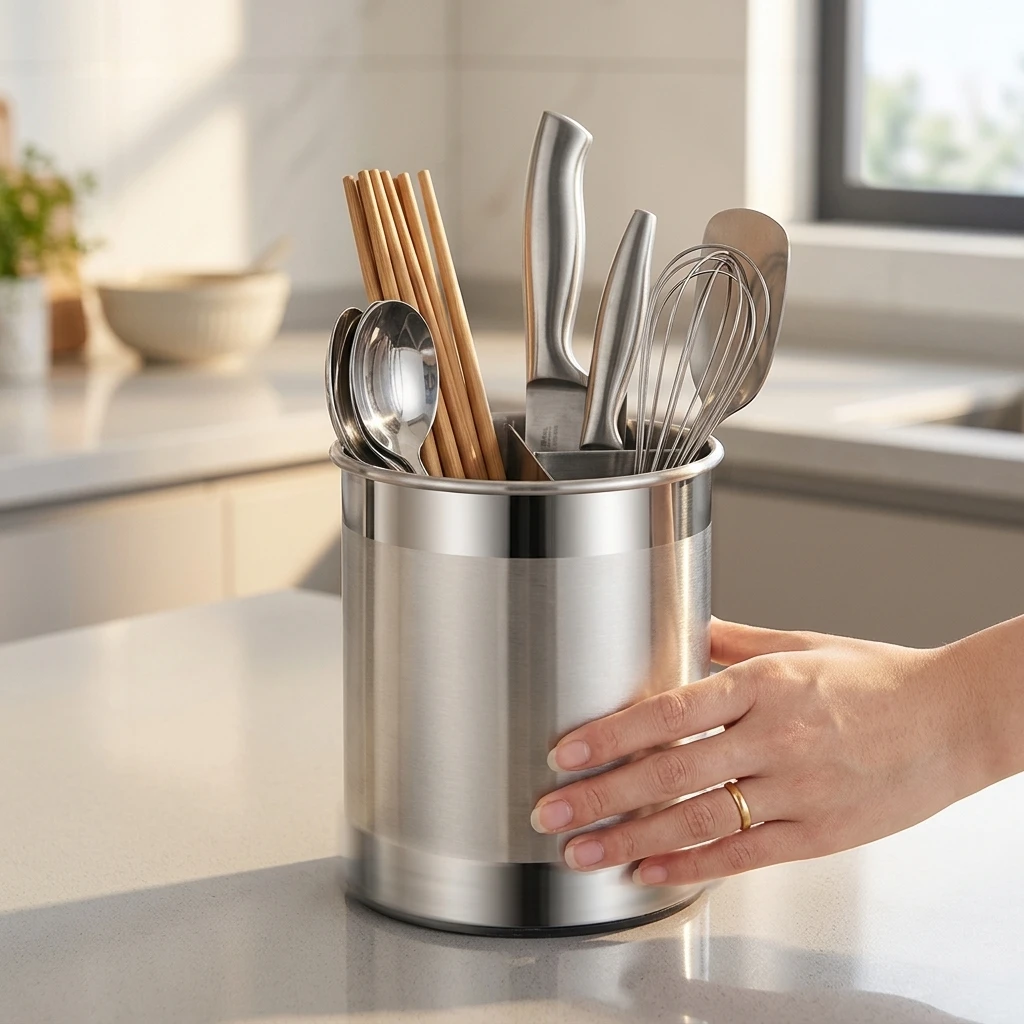 Rotating Utensil Holder Professional 304 Stainless Steel Cutlery Organizer for Kitchen Countertop Home Restaurant Storage