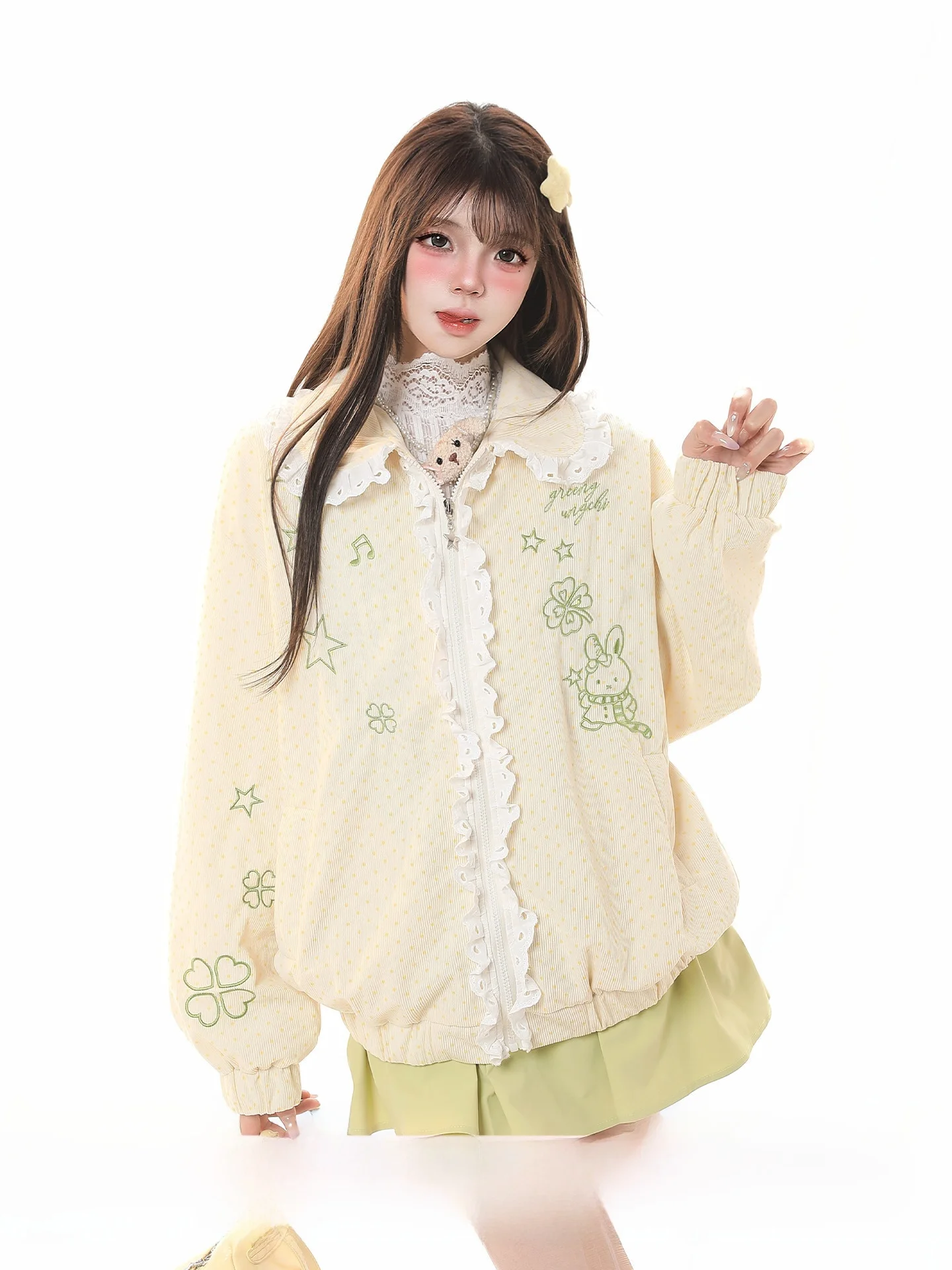 

Cute Cartoon Lace Splice Turn-down Collar Jaet Women's Loose Sle Spring Faion Casual Long Sve Slimming Outerwear