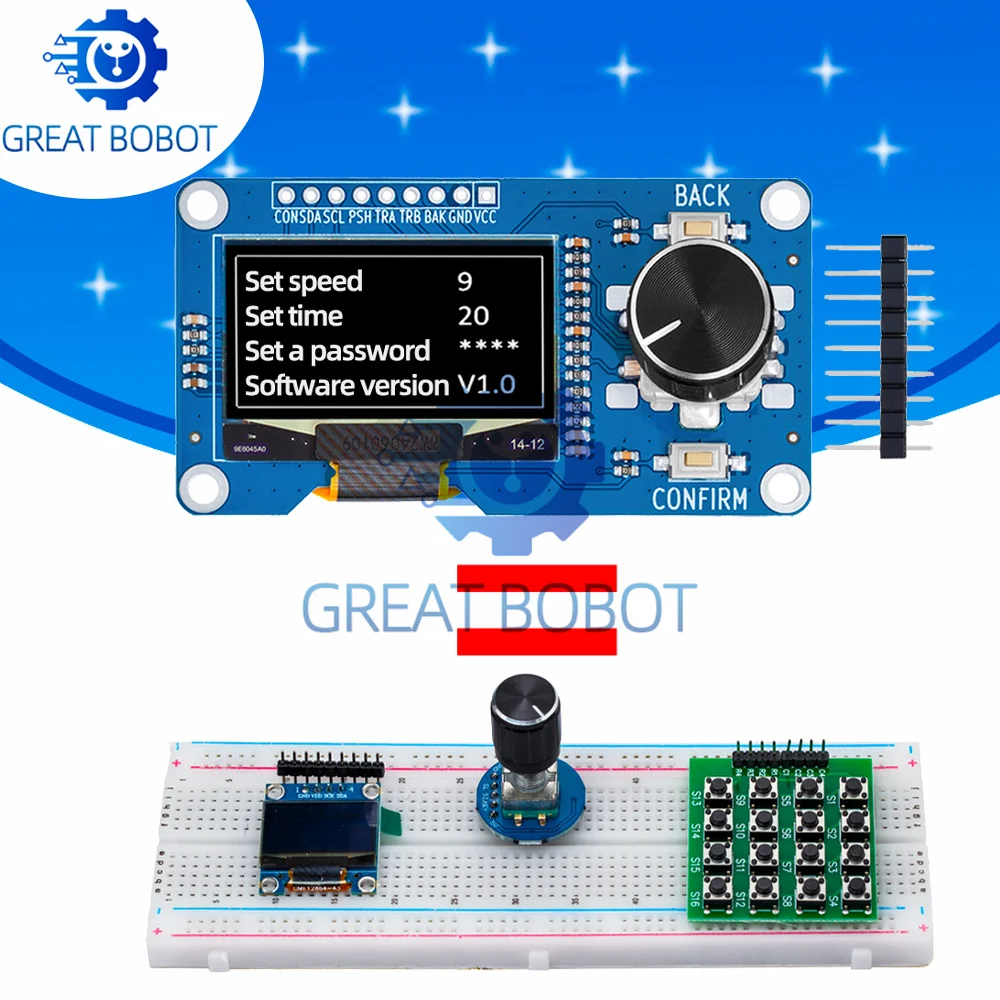 Ekran OLED BS 0.96/1.3 cala, biało-niebieski, z modułem enkodera obrotowego EC11 i interfejsem IIC dla Arduino.