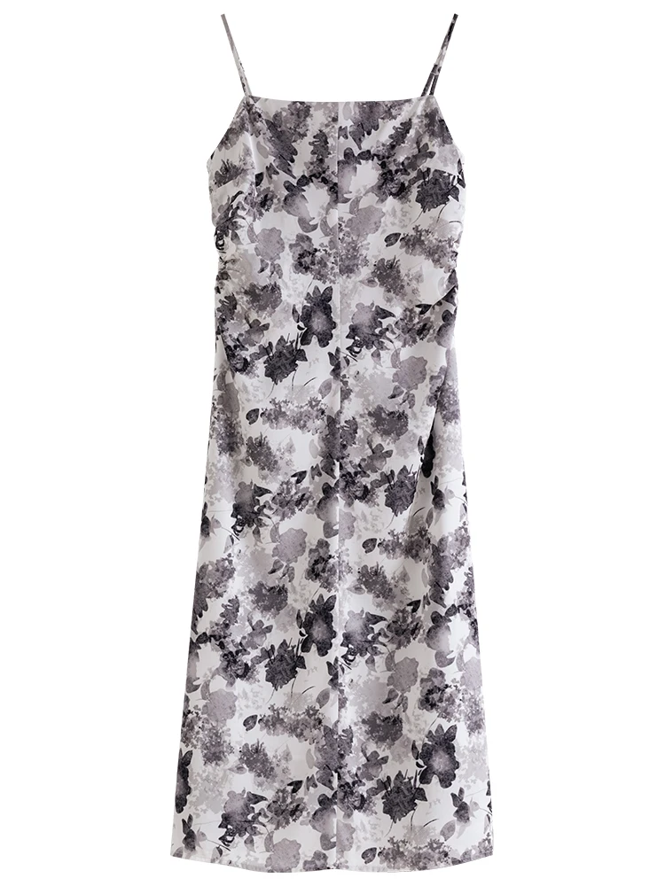 Ziqiao francês chiffon impresso vestido de cordão para o outono feminino 2023 novo vestido de cintura alta casual solto vestido feminino