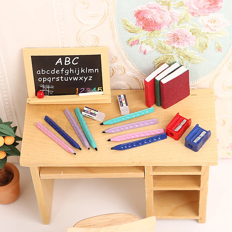 

1/12 Dollhouse Simulation Pencil Eraser Sharpener Set Dollhouse Mini Study Stationery Decoration Dolls House Accessories Toys