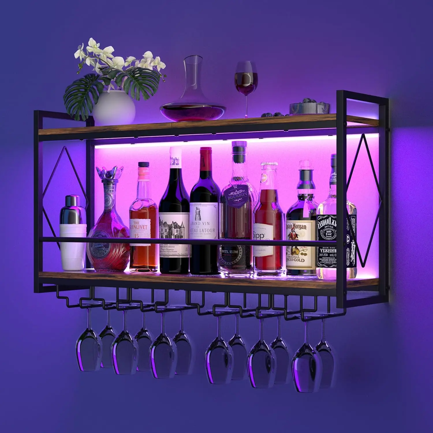 Wall Mounted Wine Rack with LED Light, 31.5" Bar Shelves with Glass Holder, Metal Hanging Storage for Kitchen Home Bar