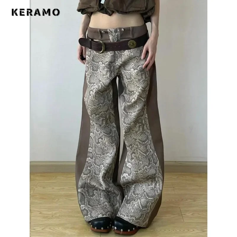 Women Y2K Grunge High Street Denim Trouser Washed Vintage Casual Classic Emo Pants Retro Snake Patchwork High Waist Trashy Jeans