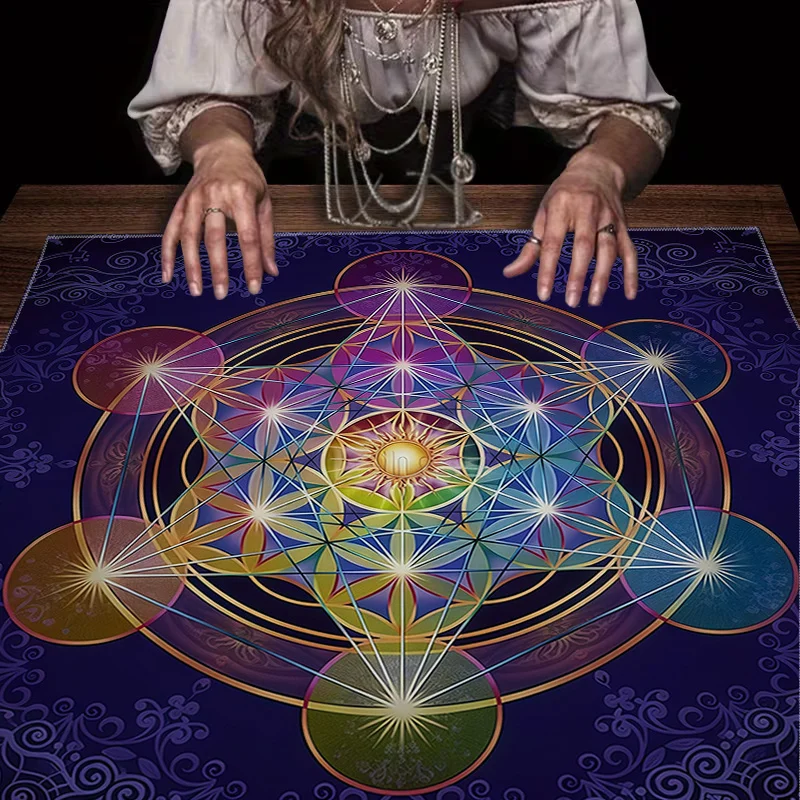 Tarot Cloth Astrology Tarot Cloth Three Card Spread 1Pc Sacred Geometry Metatron Cube Printed Tarot Tablecloth, Card Cushion,