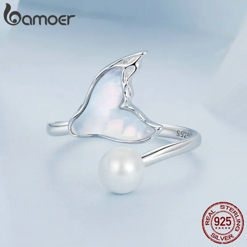 BAMOER White Gold Plated Fishtail Pearl Ring, 925 Sterling Silver Cute Adjustable Rings for Women Girls BSR544-E