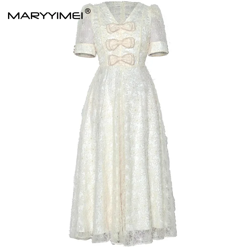

MARYYIMEI Fashion design Women's Dress V-Neck Short-Sleeved Bow Beading Solid Temperament A-Line Ball Gown Dresses