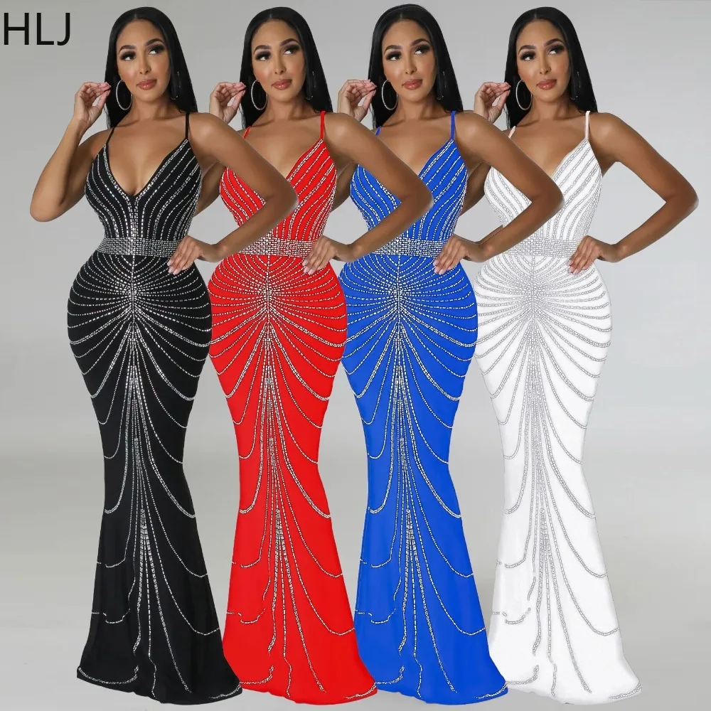 

HLJ Fashion Deep V Rhinestones Bodycon Party Club Suspenders Dress Women Thin Strap Sleeveless Backless Slim Maxi Vestidos 2024