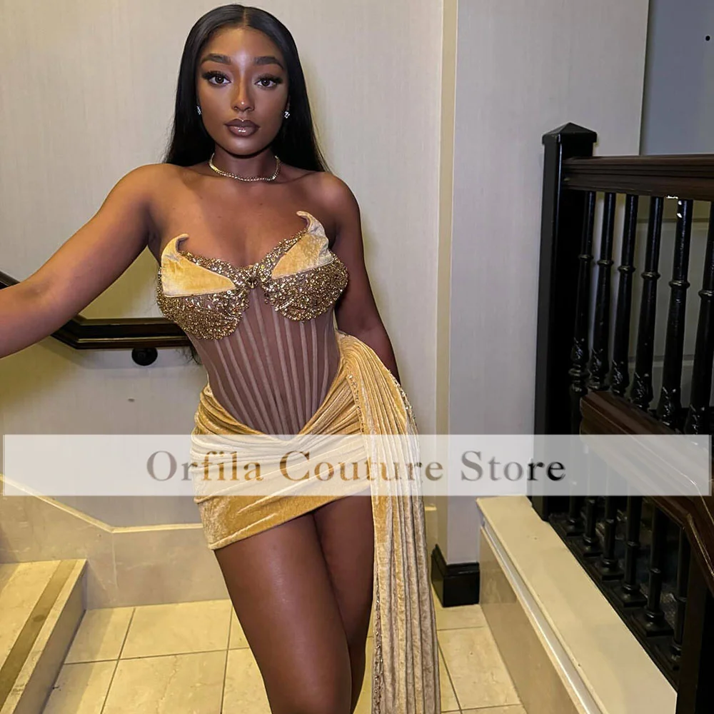 Sexy Orange Birthday Dresses Sweetheart Velvet Black Girls Party Dress African Crystal Beading Vestidos De Gala Customized