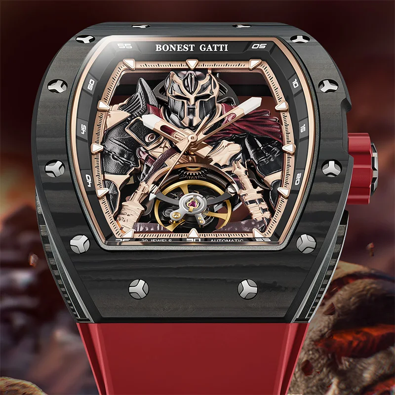 

BONEST GATTI New Design Warrior Embossed Mechanical Luxury Men Watch Carbon Fiber Case Top Quality 42mm Wristwatch