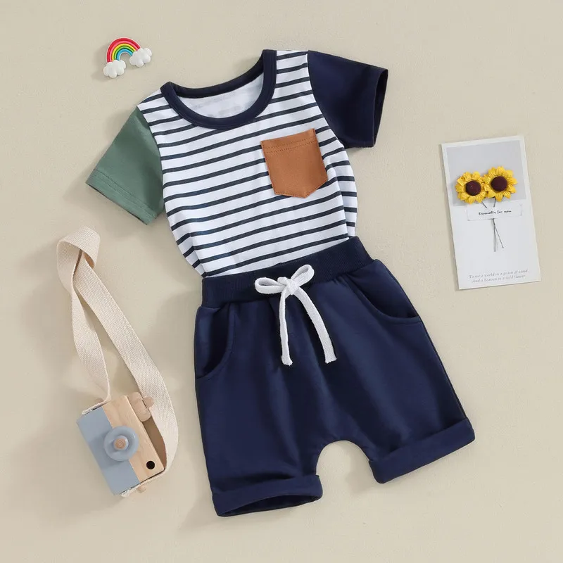 

Newborn Baby Boy Shorts Sets Summer Clothes Short Sleeve Stripes Print T-Shirt and Pocket Shorts Set Infant Baby Clothing