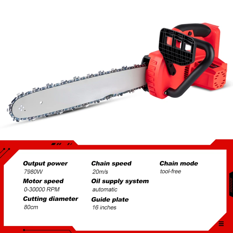 ONEVAN 16Inch 7980W Cordless Chainsaw Electric Cutting Sawing Brushless Chainsaw Woodworking Garden Tools For Makita 18v Battery