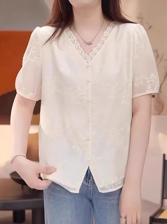 

Новая летняя модная блузка больших размеров с кружевом и V-образным вырезом, свободного кроя, для полных женщин, французский стиль, стандартный крой