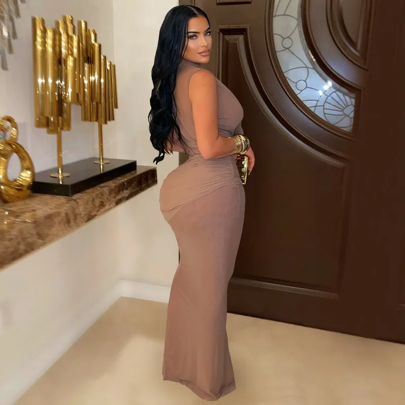 KEXU mode sans manches plissé col en v coupe basse Maxi robe longue maille transparente Sexy soirée tenue de club robes pour femmes