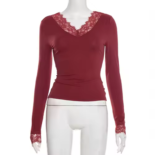 Tornova V neck Lace T shirt Top Women Sexy Navel Exposed Pullover Fashion Splice Hot Girl Club Party Top Autumn New Lady T shirt - Image 10