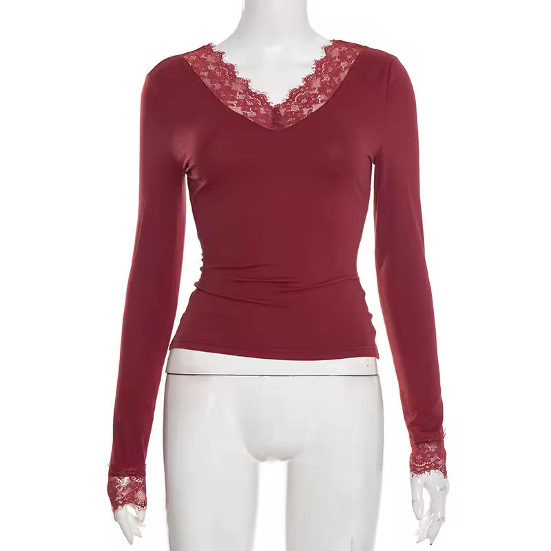 Tornova V neck Lace T shirt Top Women Sexy Navel Exposed Pullover Fashion Splice Hot Girl Club Party Top Autumn New Lady T shirt - Image 10