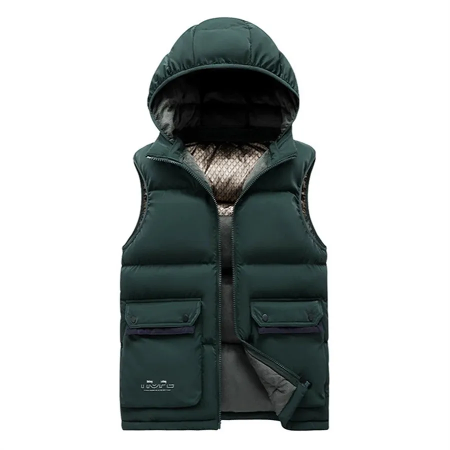 

Модный зеленый мужской жилет с капюшоном, зимний теплый жилет, мужские куртки без рукавов с большими карманами, толстое пальто, повседневная верхняя одежда