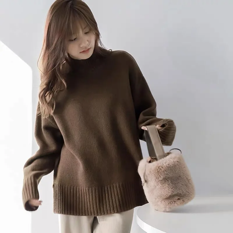 Sweter rajut kerah setengah tinggi wanita, sweter kasmir 100% wol gaya Eropa lembut nyaman, Sweater pendek longgar musim gugur/musim dingin