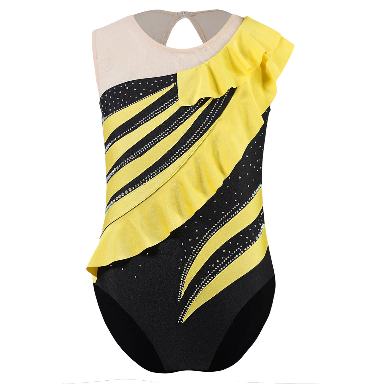 

Acrobatic Gymnastics Performance Leotard Kids Girls Sleeveless Contrast Color Shiny Rhinestones Bodysuit for Ballet Dancewear