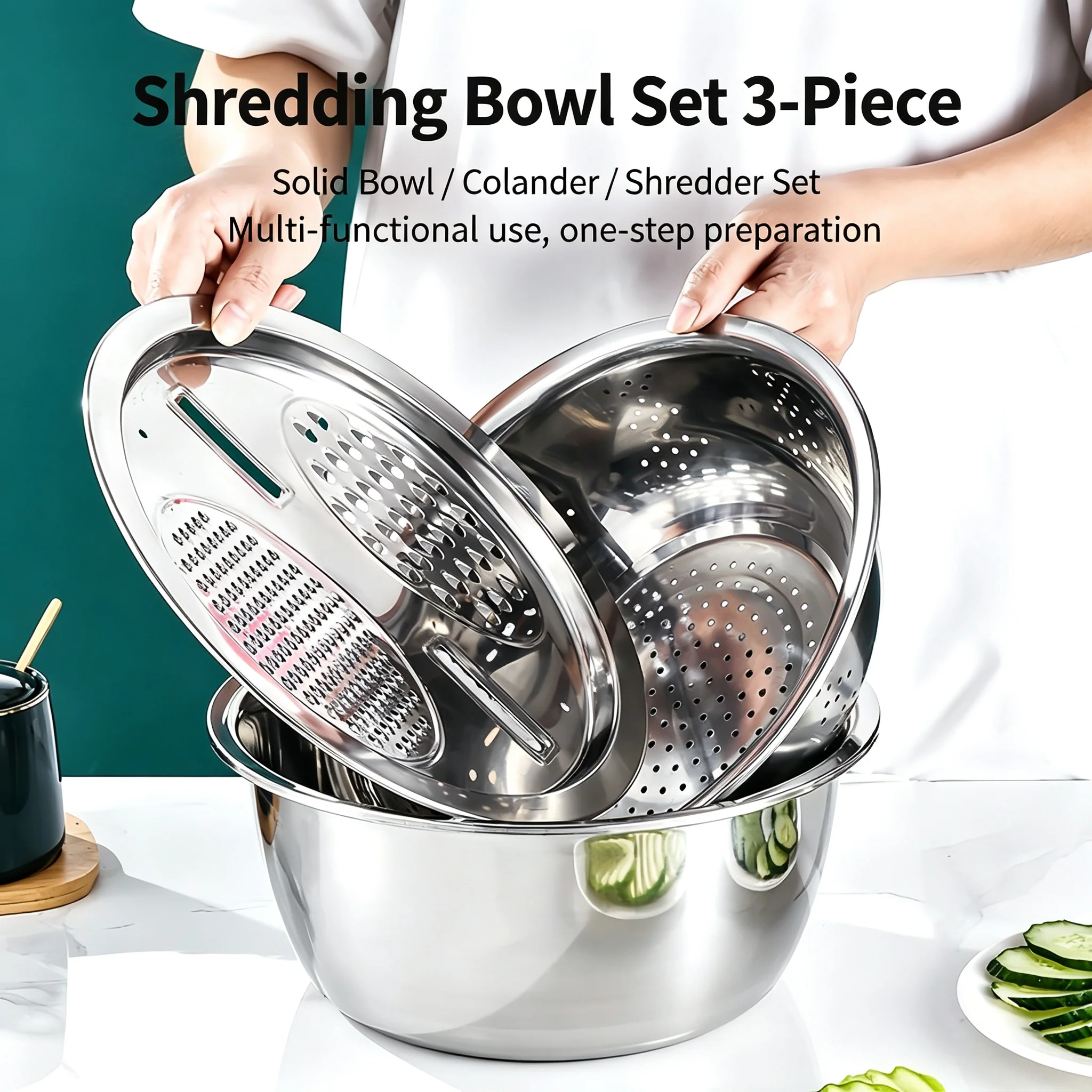 3-Piece Stainless Steel Multifunctional Strainer, and Mixing Bowl for Washing and Slicing Fruits, Vegetables