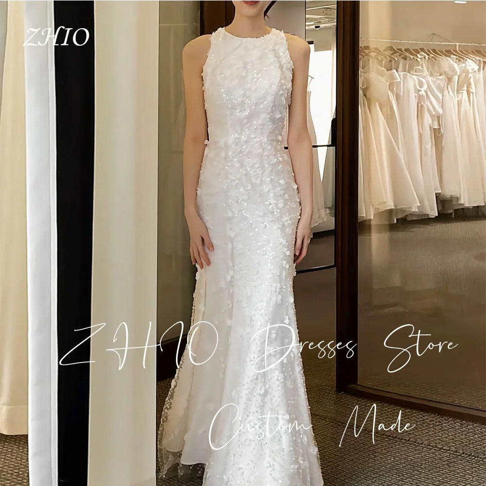 ZHIO 絶妙なアップリケのウェディングドレス O ネックノースリーブアイボリーサテン韓国写真撮影ブライダルドレスカスタマイズされたエレガント 웨딩드레스