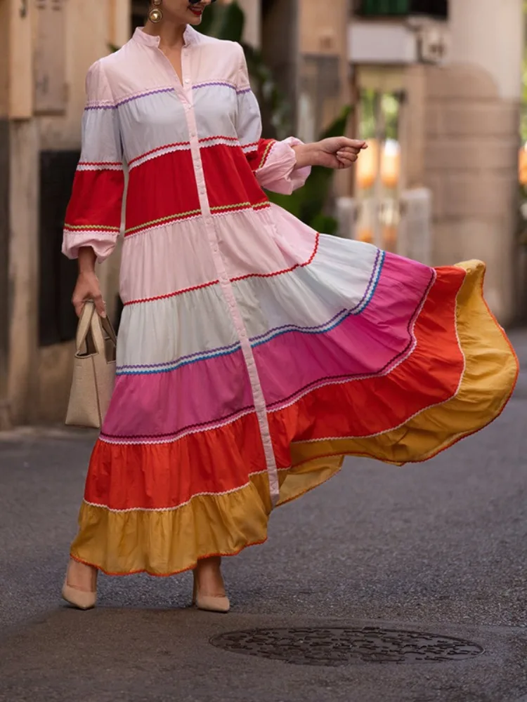 Yeezzi 2025 New Women's Colorful Striped Stand Collar Shirts Dress Puff Sleeves Wave Trim Elegant Party Evening Maxi Dresses